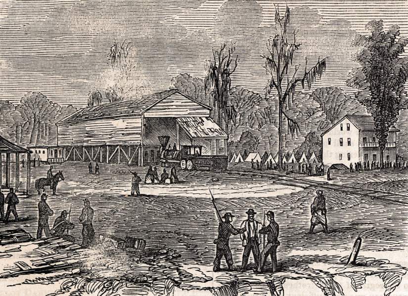 Clinton and Port Hudson Railroad Depot, Port Hudson, Louisiana, July 1863, artist's impression