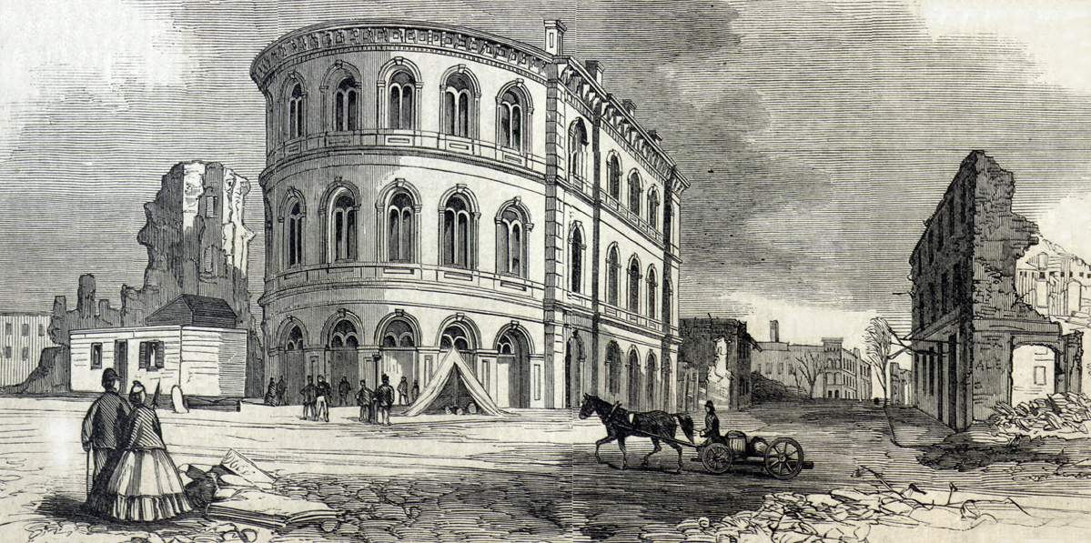Fire damage in Portland, Maine, July 1866, artist's impression