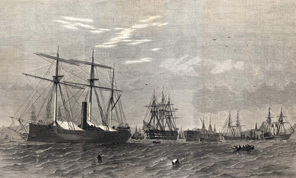 The Royal Navy's H.M.S. Majestic observing the newly built Confederate ships off Liverpool, artist's impression