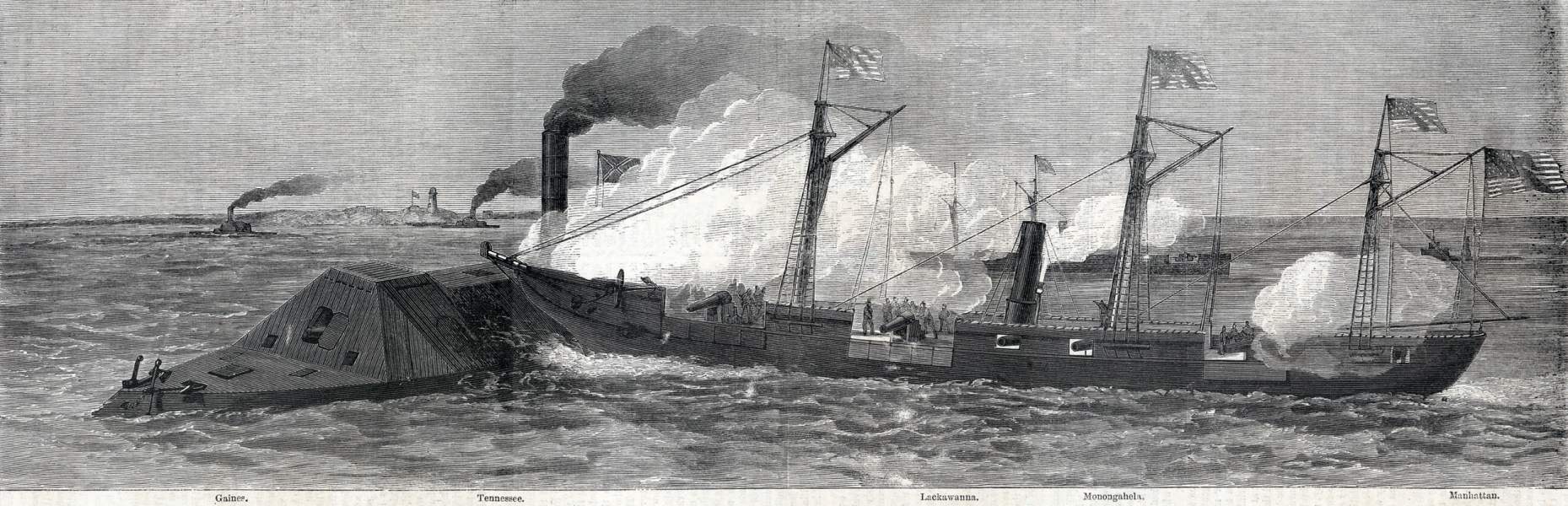 U.S.S. Lackawanna ramming the C.S.S. Tennessee, Mobile Bay, August 5, 1864, artist's impression, zoomable image