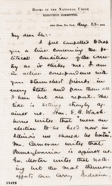 Henry J. Raymond to Abraham Lincoln, August 22, 1864 (Page 1)