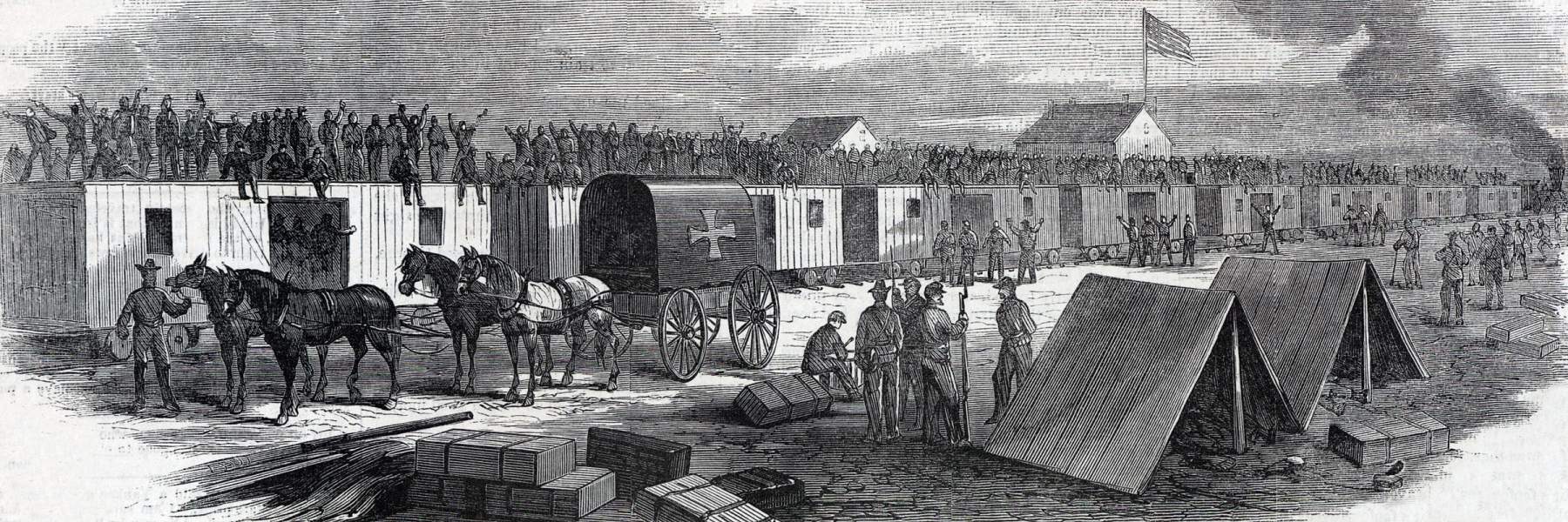 Arrival of Union recruits during battle at Peeble's Farm, Virginia, September 30, 1864, artist's impression, zoomable image