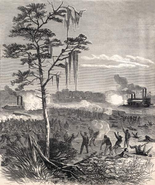Confederate troops attacking Union naval units on the Red River, Louisiana, artist's impression, May 1864, zoomable image