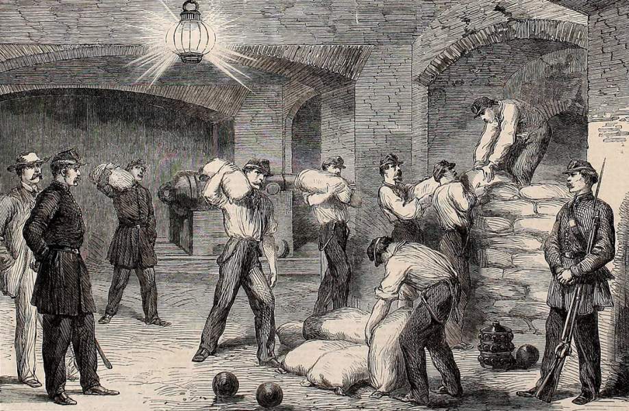 Making repairs to Fort Sumter, Charleston Harbor, following bombardment, April 1863, British artist's impression