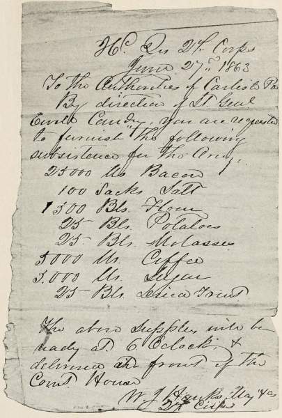 Confederate General Ewell's requisition of supplies during his occupation of Carlisle, Pennsylvania, June 27, 1863, original