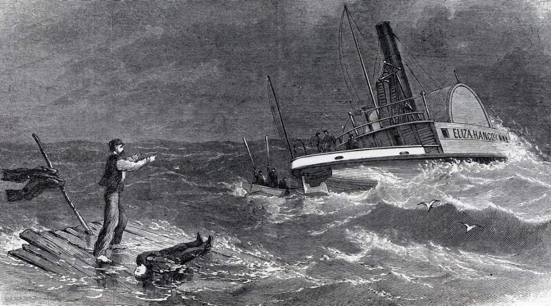 Rescue off the South Carolina coast of the sole survivor of a lightship sinking, December 10, 1864, artist's impression