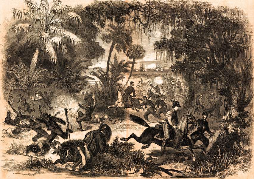 Confederate retreat from Fort Walker, South Carolina, November 7, 1861, artist's impression, zoomable image