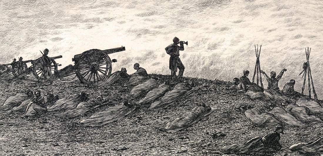 "The Reveille on the Line of Battle," Edwin Forbes, copper plate etching, 1876, detail