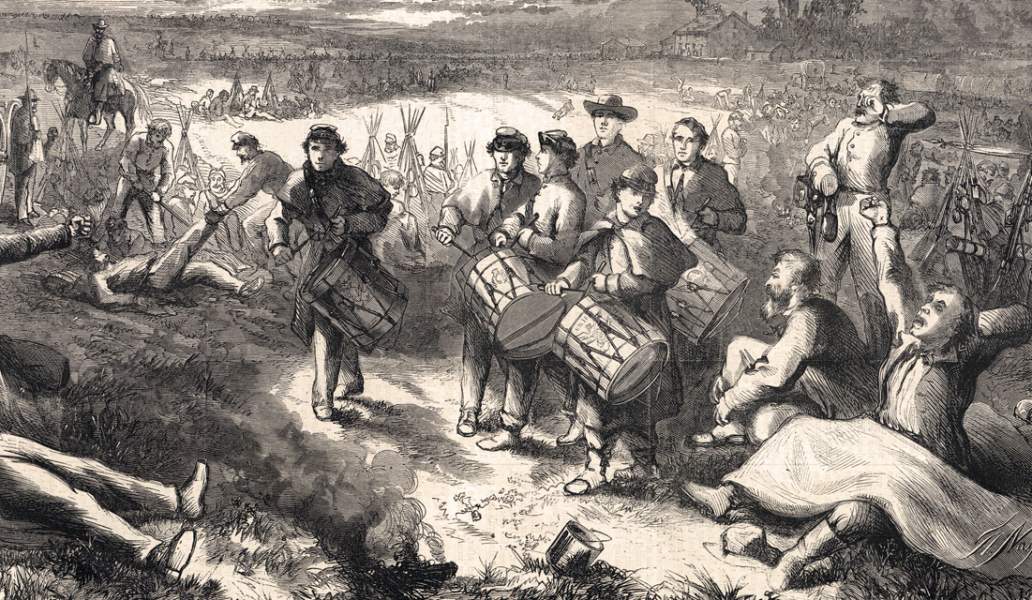 "Reveille," early morning in a Union camp, July 1863, artist's impression, detail