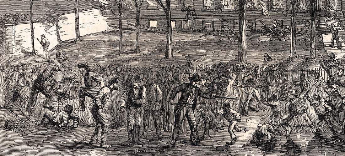Destruction of the Colored Orphans' Asylum, Fifth Avenue, New York City, July 13, 1863, artist's impression, detail