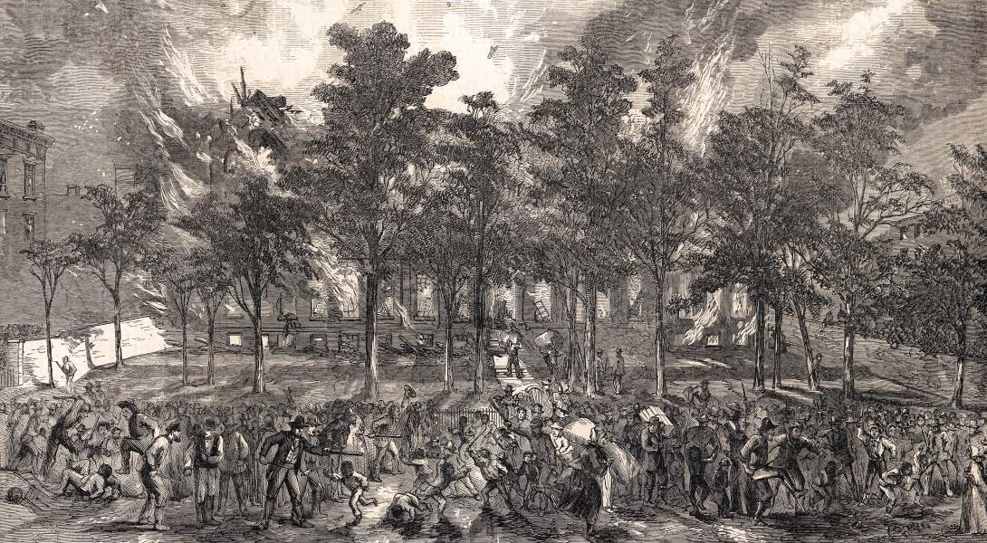 Destruction of the Colored Orphans' Asylum, Fifth Avenue, New York City, July 13, 1863, artist's impression, zoomable image