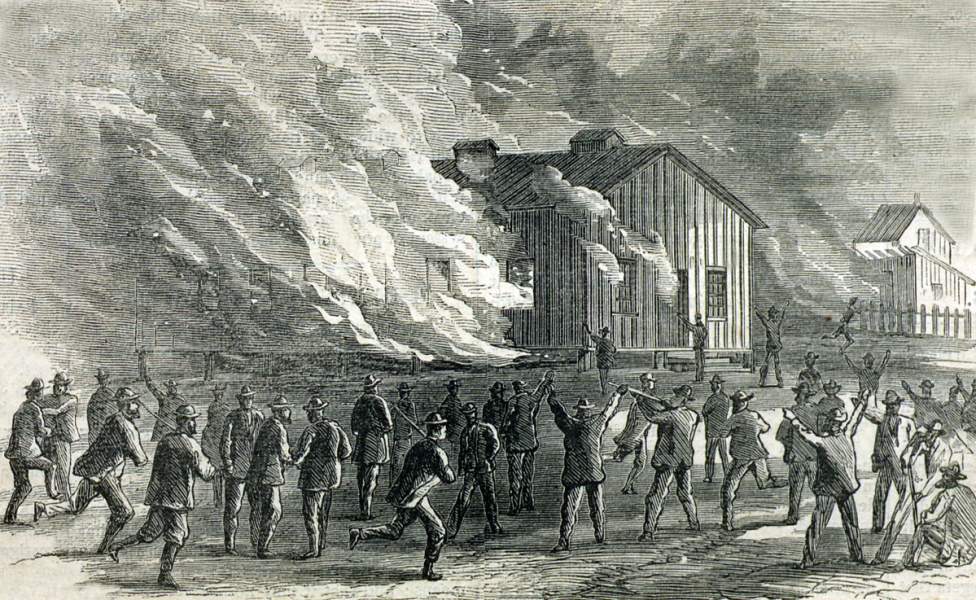 Rioters in Memphis, Tennessee burning Freedmens' Schoolhouses, May 1-2, 1866, artist's impression