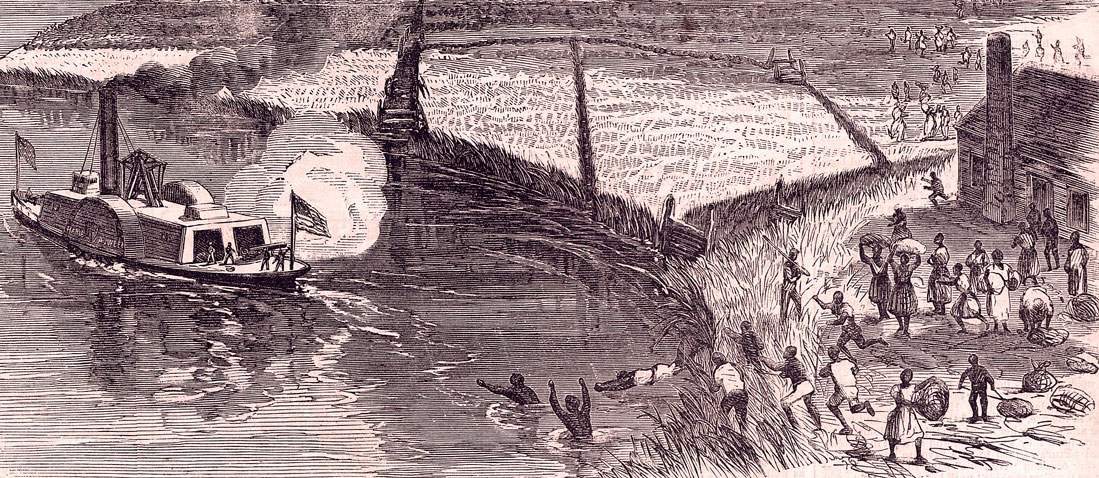 Union troops raid Confederate plantations on the Combahee River, June 1-3, 1863, artist's impression, detail