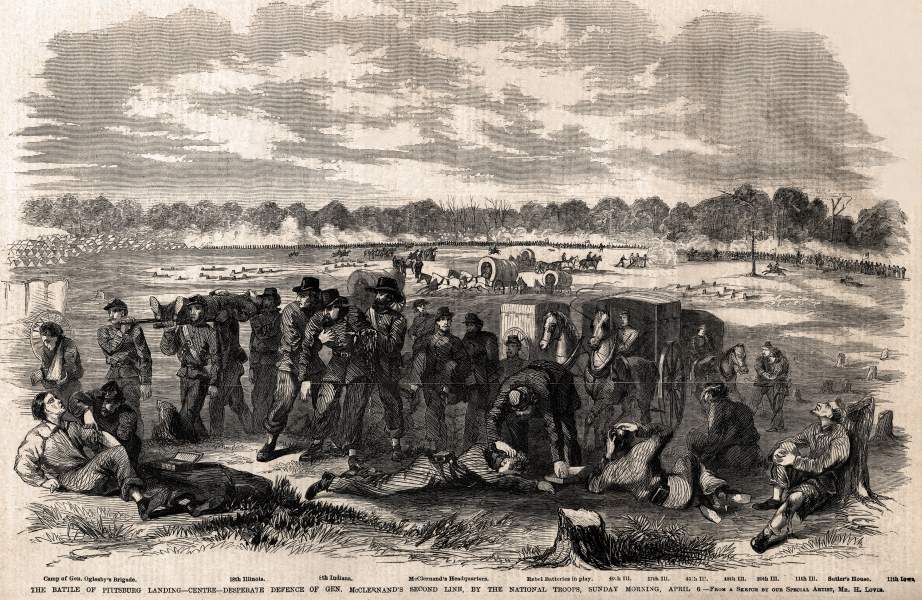Defense of the Union center on first day, Pittsburg Landing, or Shiloh, April 6, 1862, artist's impression, zoomable image