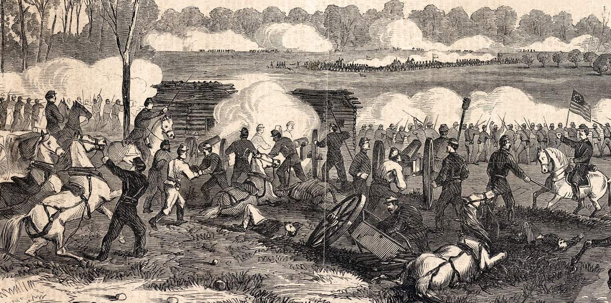 Fighting at the Peach Orchard on first day, Pittsburg Landing, or Shiloh, April 6, 1862, artist's impression, detail