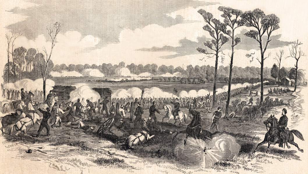 Fighting at the Peach Orchard on first day, Pittsburg Landing, or Shiloh, April 6, 1862, artist's impression, zoomable image