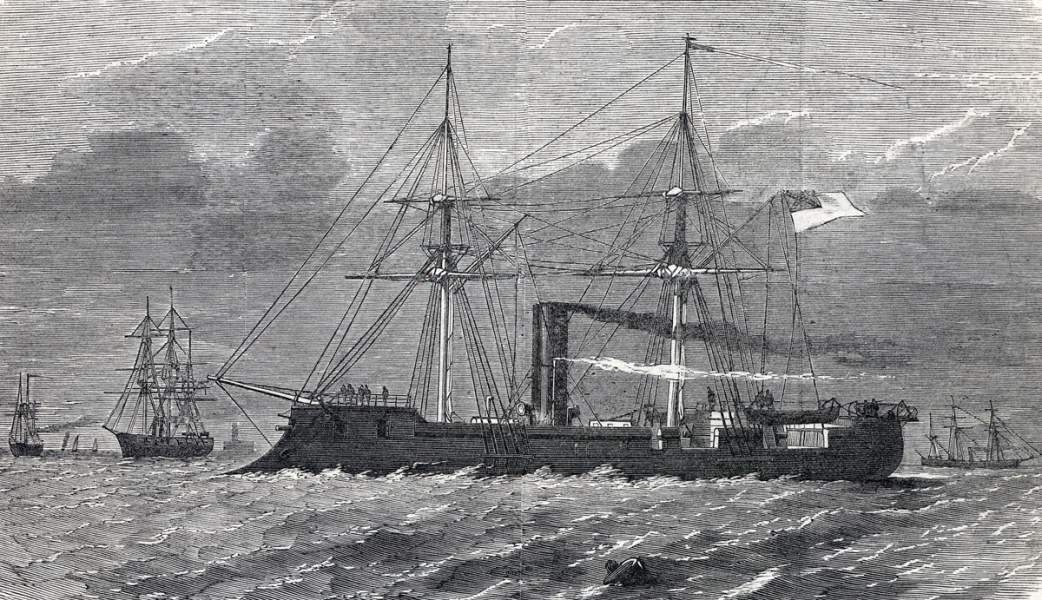 The new ironclad C.S.S. Stonewall steams out of Lisbon Harbor, March 28, 1865, artist's impression