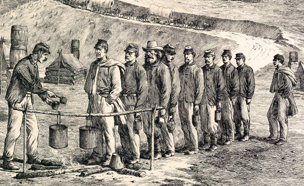 "'Fall In For Soup' - Company Mess," Edwin Forbes, copper plate etching, 1876, detail, zoomable image