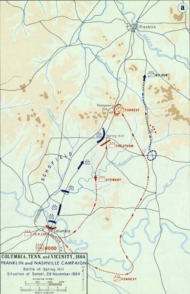 Battle of Spring Hill, Evening of November 29, 1864, campaign map, zoomable image