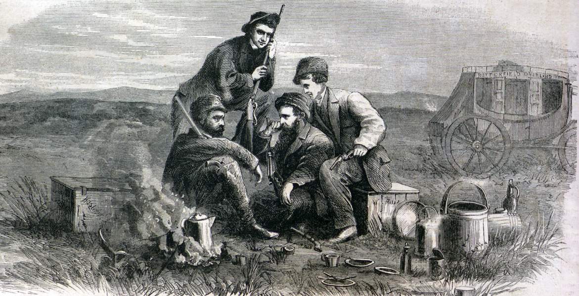 Stagecoach halt on the Plains, the Butterfield Overland Route, late 1865, artist's impression, zoomable image