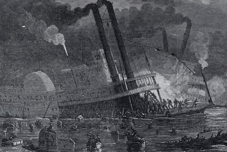 Mississippi steamboats "Niagara" and "Postboy" colliding near Helena, Arkansas, November 24, 1865, artist's impression, detail