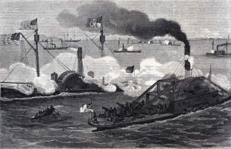 C.S.S. Selma striking its colors to the U.S.S. Metacomet, Battle of Mobile Bay, August 5, 1864, artist's impression