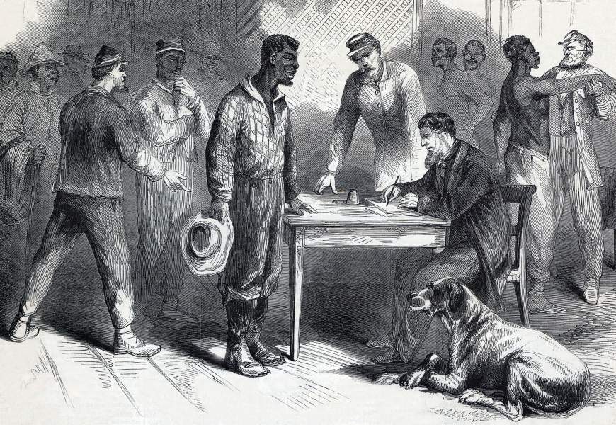 Northern agents engaging African-American draft substitutes, Norfolk, Virginia, August 1864, artist's impression, zoomable image
