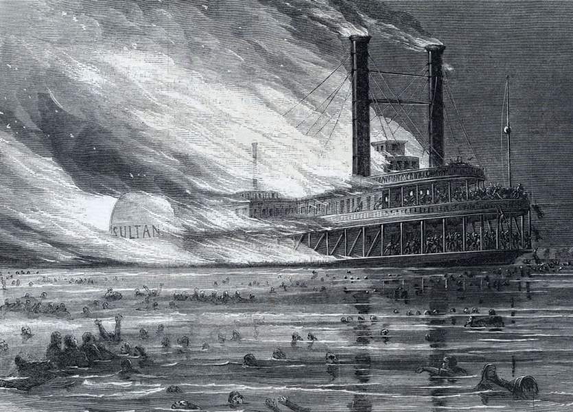 The river steamer "Sultana" burning on the Mississippi River, April 27, 1865, artist's impression, detail
