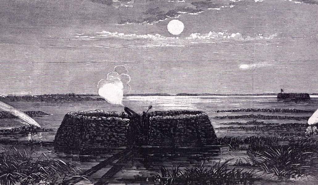 The "Swamp Angel," 8-inch Parrott rifle shelling Charleston, South Carolina, August 1863, artist's impression, detail