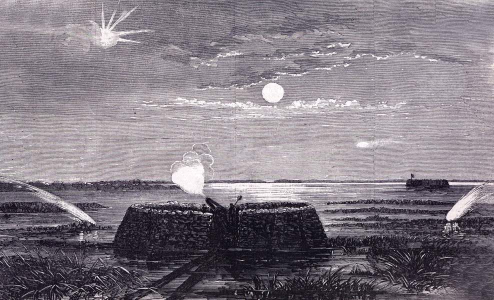 The "Swamp Angel," 8-inch Parrott rifle shelling Charleston, South Carolina, August 1863, artist's impression, zoomable image