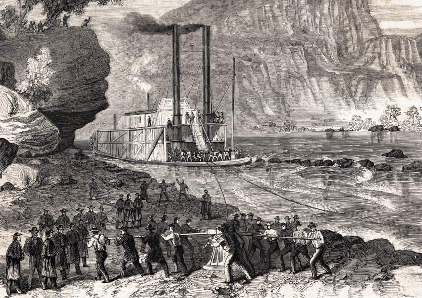 Union re-supply steamboat "Paint Rock" on the Tennessee River, January, 1864, artist's impression