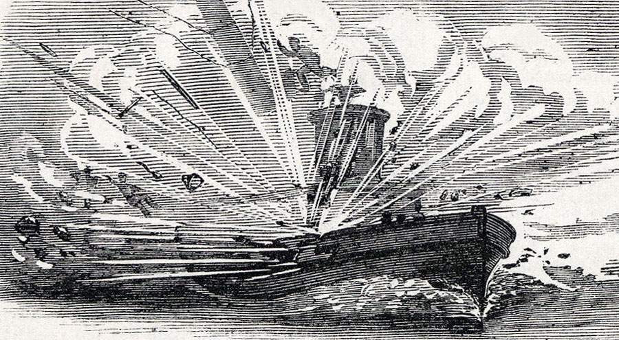 Destruction of the tugboat "B.B. Sanders" in the East River, New York City, September 16, 1864, artist's impression, detail