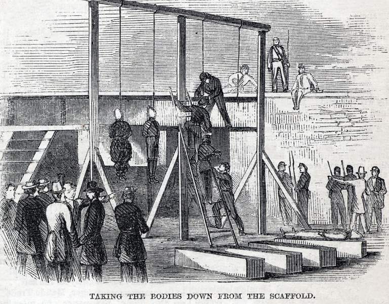 The bodies of the executed conspirators being taken down, Old Penitentiary, Washington D.C., July 7, 1865, artist's impression