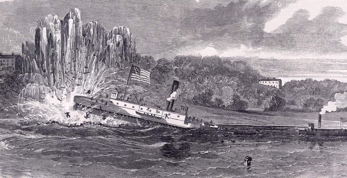 U.S.S. Commodore Barney hit with massive explosion on the James River in Virginia, artist's impression, zoomable image