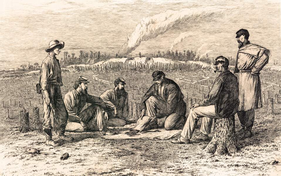 "Traffic between the Lines," Edwin Forbes, copper plate etching, 1876, zoomable image