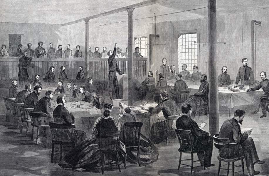 Courtroom in the Old Penitentiary Building, Lincoln Conspiracy Trial, April-May 1865, artist's impression, detail