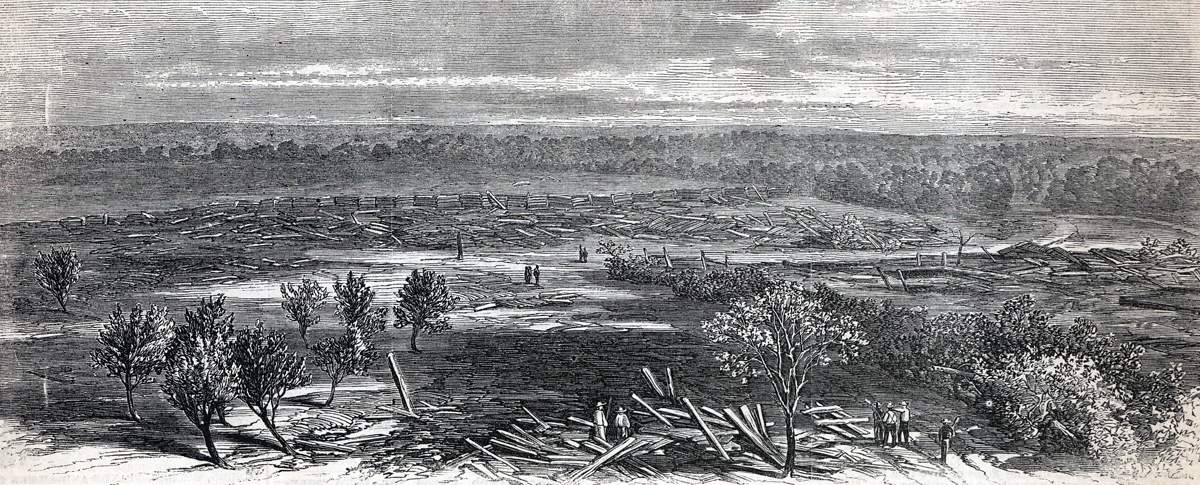 Ruins of Viroqua, Wisconsin, following the destructive tornado of June 28, 1865, artist's impression