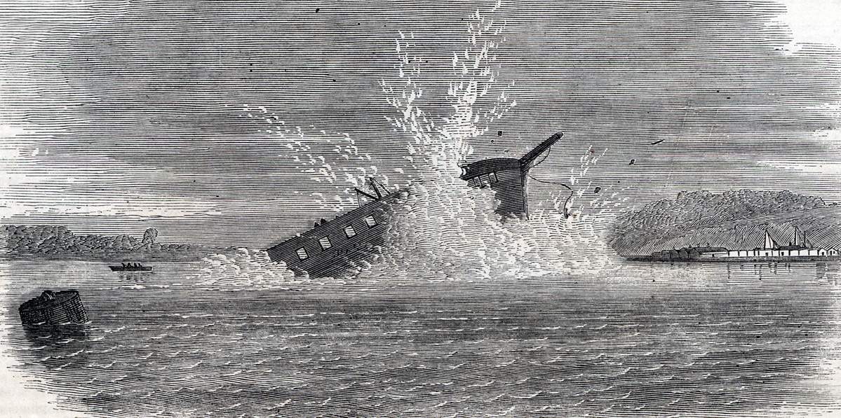 Blowing up of H.M.S. Terpsichore during torpedo experiments, Chatham, Kent, 1865, artist's impression