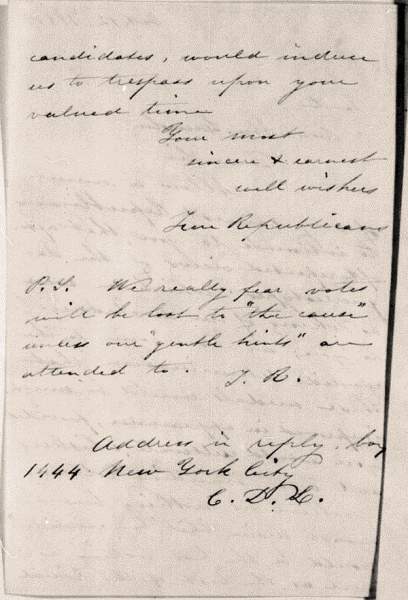 Anonymous. “True Republicans” to Abraham Lincoln, Friday, October 12, 1860 (page 2)