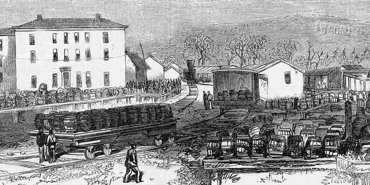 Oil Creek and Titusville Railway depot, Titusville, Pennsylvania, December 1864, artist's impression, detail