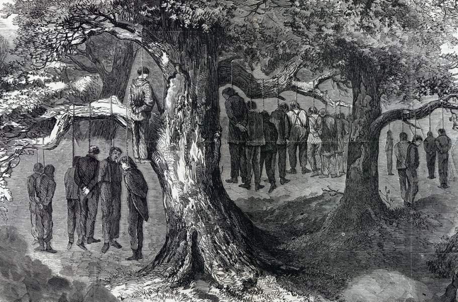 "Hanging of 30 Union Men," from Frederick Sumner's, "Rebel Barbarities in Texas," artist's impression, detail