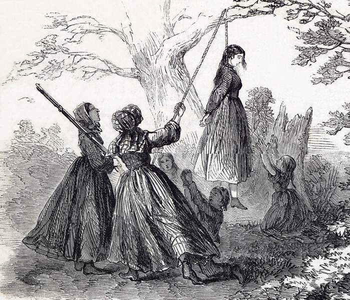 "Hanging of Mrs Hiller by Men in Disguise," from Frederick Sumner's, "Rebel Barbarities in Texas," artist's impression, detail