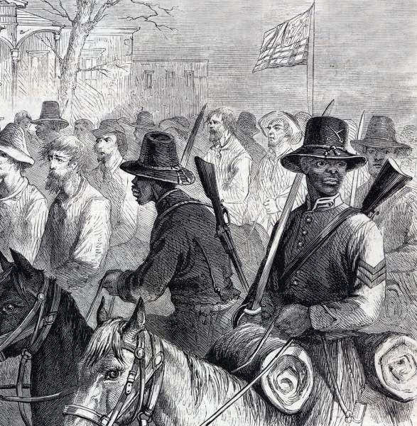 USCT cavalry returning to Vicksburg, Mississippi with prisoners, November 8, 1863, artist's impression, detail