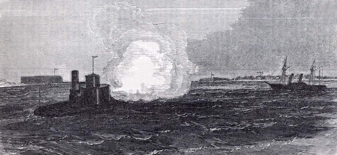 U.S.S. Catskill in action against a blockade runner, Charleston Harbor, South Carolina, Summer 1863, artist's impression.