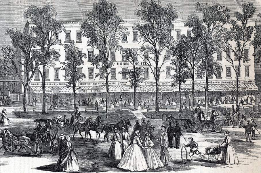 Union Hotel, Saratoga, New York, front view, artist's impression, detail