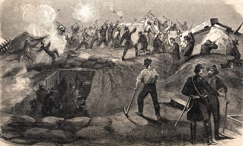 Close fighting after the detonation of a mine under Fort Hill, Vicksburg, June 1863, artist's impression