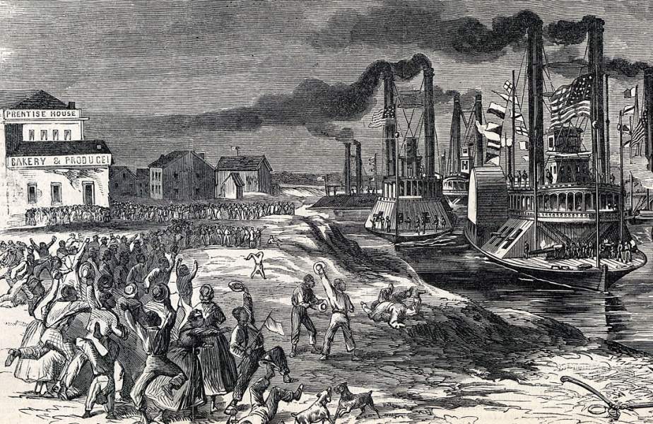 The Federal fleet docks at the levee at Vicksburg, Mississippi, July 4, 1863, artist's impression, detail