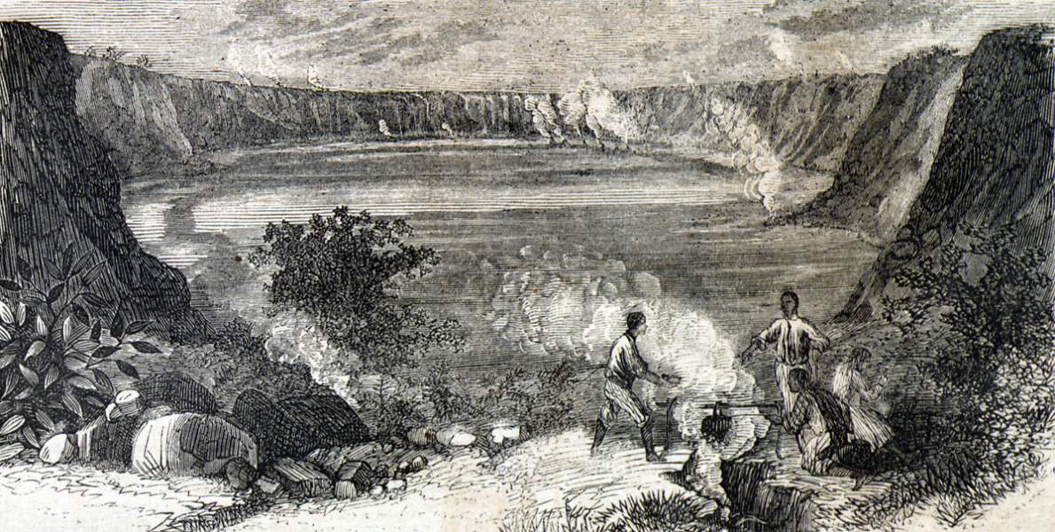 Volcanic crater on Mount Kilauea, Hawaii, Hawaiian Islands, 1866, artist's impression