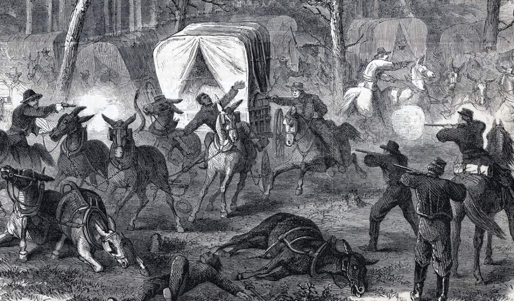 Confederate attack on Union wagons, Mansfield, Louisiana, April 8, 1864, artist's impression, detail