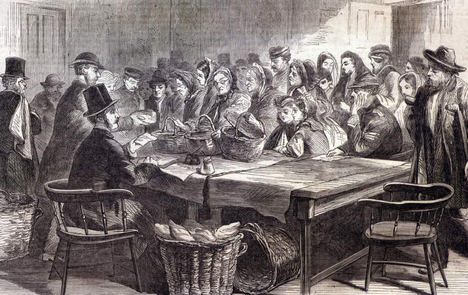 Dispensing Relief to disabled soldiers and their families, New York City, April 1866, artist's impression